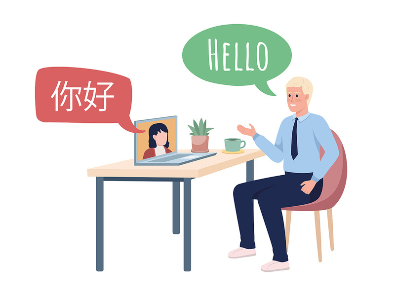 Videoconference interpreter with chinese partner flat color vector characters