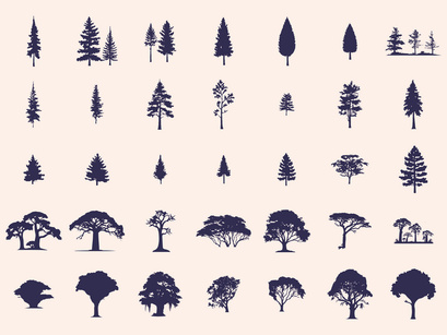 Silhouettes Trees Set, Pine Tree fir pruce cedar white patch alder elm birch ash cypress beech palm tree.