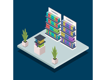 Modern library bookshelf isometric color vector illustration preview picture