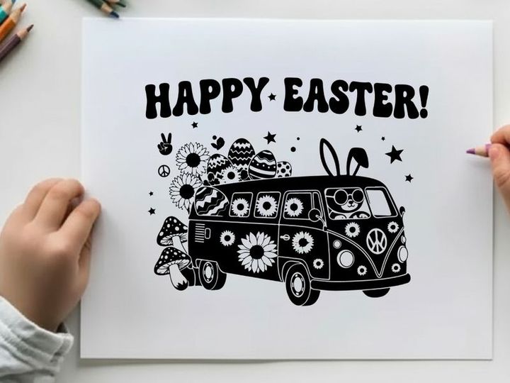 Easter bunny silhouette in vw van with eggs