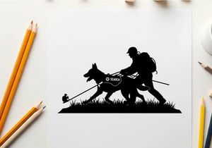 Silhouette of a man and dog hiking with backpack and leash