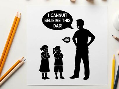 Silhouette of a father and children with shocked expressions and a speech bubble