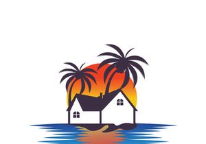 Minimalist icon sunset beach house logo design template