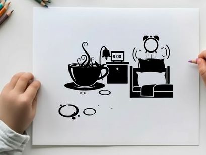 Silhouette of a cozy morning scene with coffee and bed