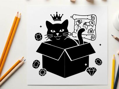 A black cat silhouette in a box with crown and jewels