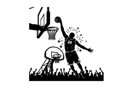Silhouette of a basketball player dunking ball with crowd