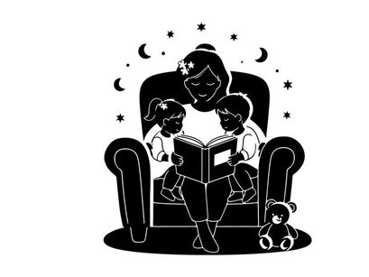 Silhouette of a woman reading to two children at night