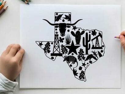 Texas silhouette with cowboy hat and western symbols