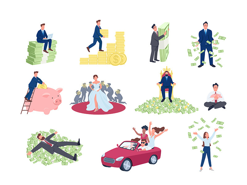 Rich and successful people flat concept vector illustration set