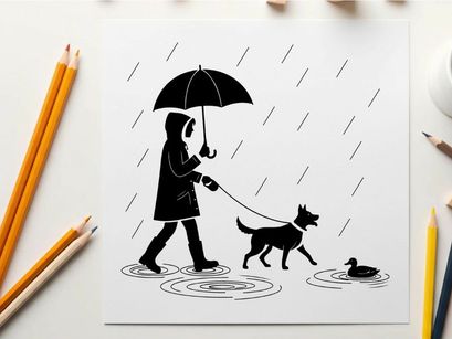 Silhouette of a woman walking dog on a rainy day