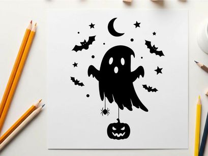 Halloween silhouette of a ghost with bats and pumpkin