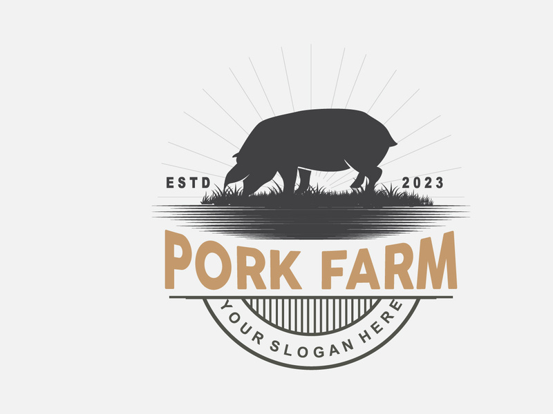 Pig Logo, Grilled Pork Pig Simple Rustic Stamp, Livestock Cattle Vector