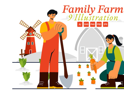 9 Family Working on a Farm Illustration