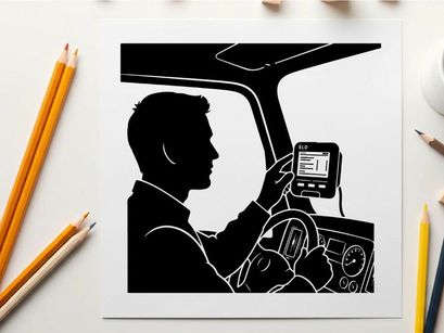 Silhouette of a man using a gps device while driving a car