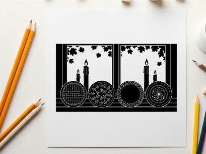 Silhouette of candles and decorative plates on a table