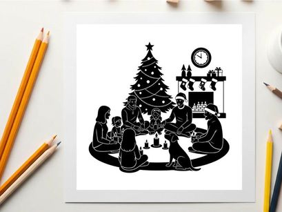 Family in silhouette celebrating around christmas tree by fireplace