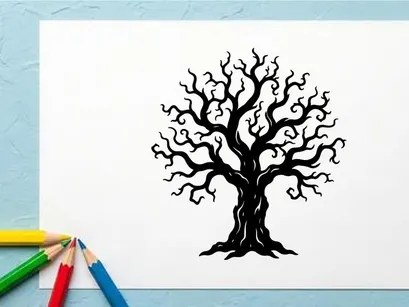Silhouet Hitam Pohon Tanpa Daun dengan Ranting yang Melengkung