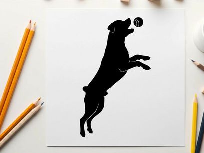 Dog silhouette jumping to catch a ball in mid air silhouette