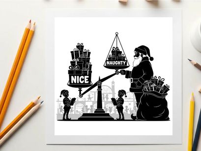 Santa claus weighs hearts in a silhouette scene