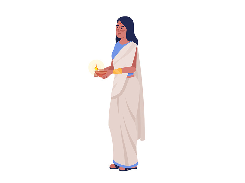 Woman in sari with burning diya semi flat color vector character