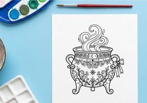 Witch cauldron line art illustration. Magical pot with steam for coloring book page.