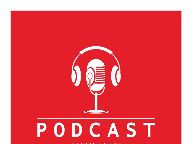podcast logo with microphone and earphone audio, radio waves. for studio, talk show, chat, information sharing, interview, multimedia and web.