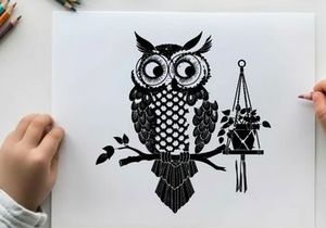 Owl silhouette perched beside hanging plant