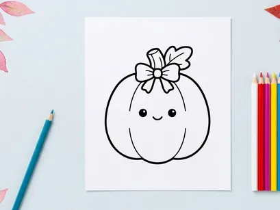 Cute smiling pumpkin with a bow for Halloween celebration. Friendly autumn squash character with floral ribbon decoration for festive fall designs.