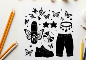 Silhouette illustration of 90s items and butterflies silhouette