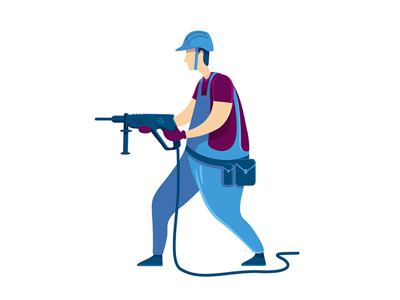 Man with drill flat color vector faceless character