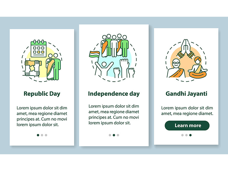 National Indian holidays onboarding mobile app page screen with concepts