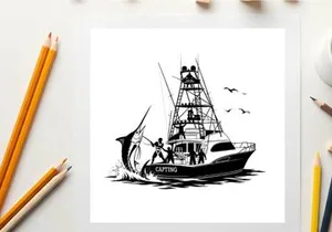 Silhouette of a fishing boat with a large catch and seagulls