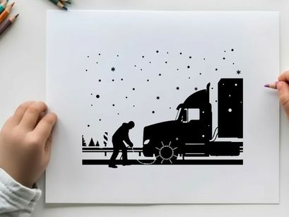 Silhouette of a man fixing a semi truck on a snowy road