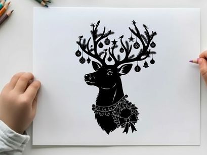 Christmas reindeer silhouette with ornaments and red nose