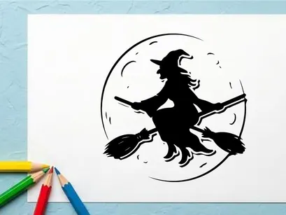 Whimsical witch silhouette flying on broomstick at moonlit night