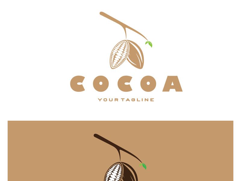cocoa logo,cocoa bean,cocoa tree,cocoa branches and leaves,chocolate mix on white background,vintage,modern,simple,minimalist icon illustration template design vector