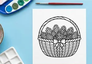 Line art illustration of a basket filled with pine cones