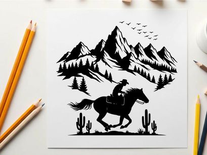 Cowboy riding horse silhouette in mountainous desert landscape