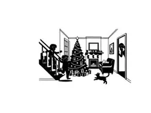 Black and white silhouette of children decorating christmas tree