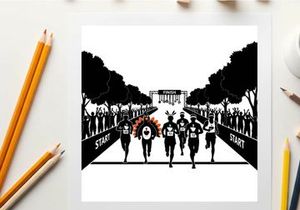 Runners in silhouette approach finish line with crowd and trees