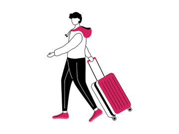 Boy tourist with suitcase flat contour vector illustration preview picture