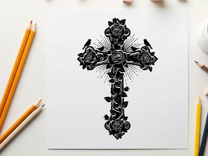 Silhouette of a cross with roses and birds