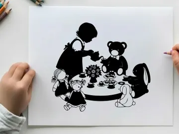 Silhouette of a girl and teddy bear at tea party preview picture