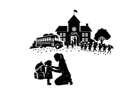 Silhouette of mother and child in front of school