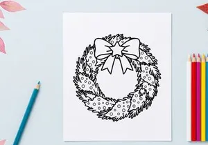 Christmas wreath line art illustration with a decorative bow and star for holiday design.