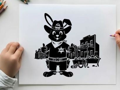 Black rabbit cowboy silhouette in a western town scene