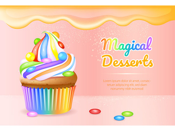 Magical desserts realistic vector product ads banner template preview picture