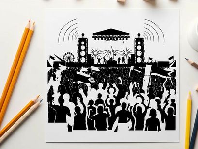 Concert silhouette with crowd and stage lights