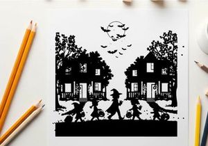 Halloween scene with children trick or treating on a spooky autumn night