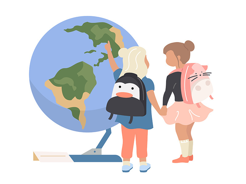 Preschool girls in planetarium flat color vector faceless character